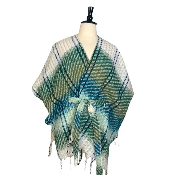 Lauren Conrad Sweater Belted Wrap Shawl Cream Blue Green Plaid Women’s Size OS - Picture 3 of 12